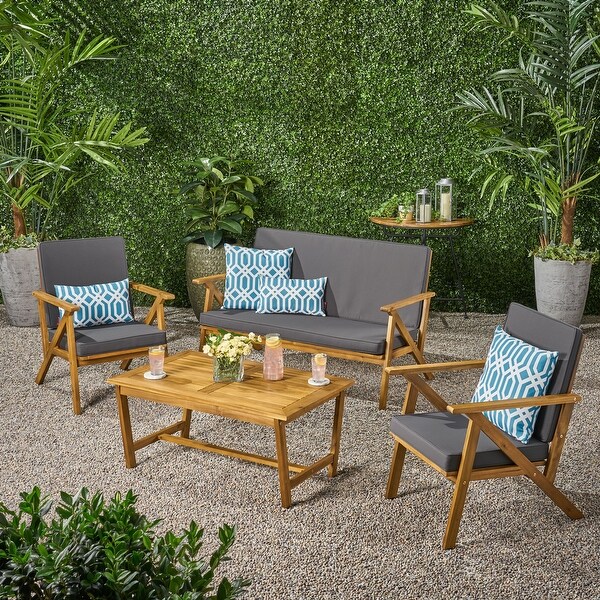 4Piece Modern Style Chat Set With Coffee Table，Patio Outdoor Furniture Wood+Waterproof Fabric Material，Teak