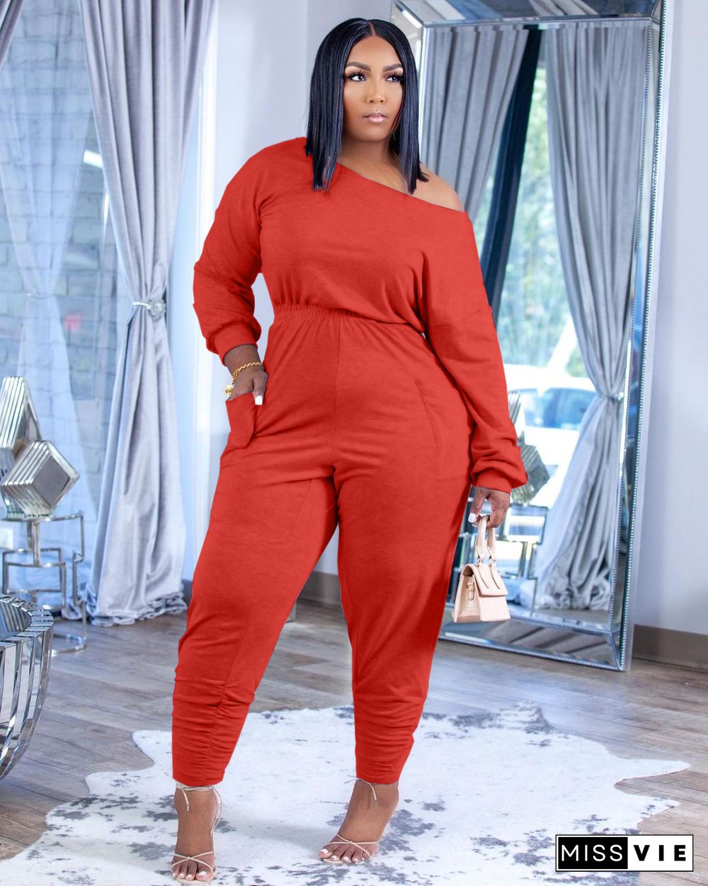 Solid Color Long Sleeve Loose Fit Jumpsuit