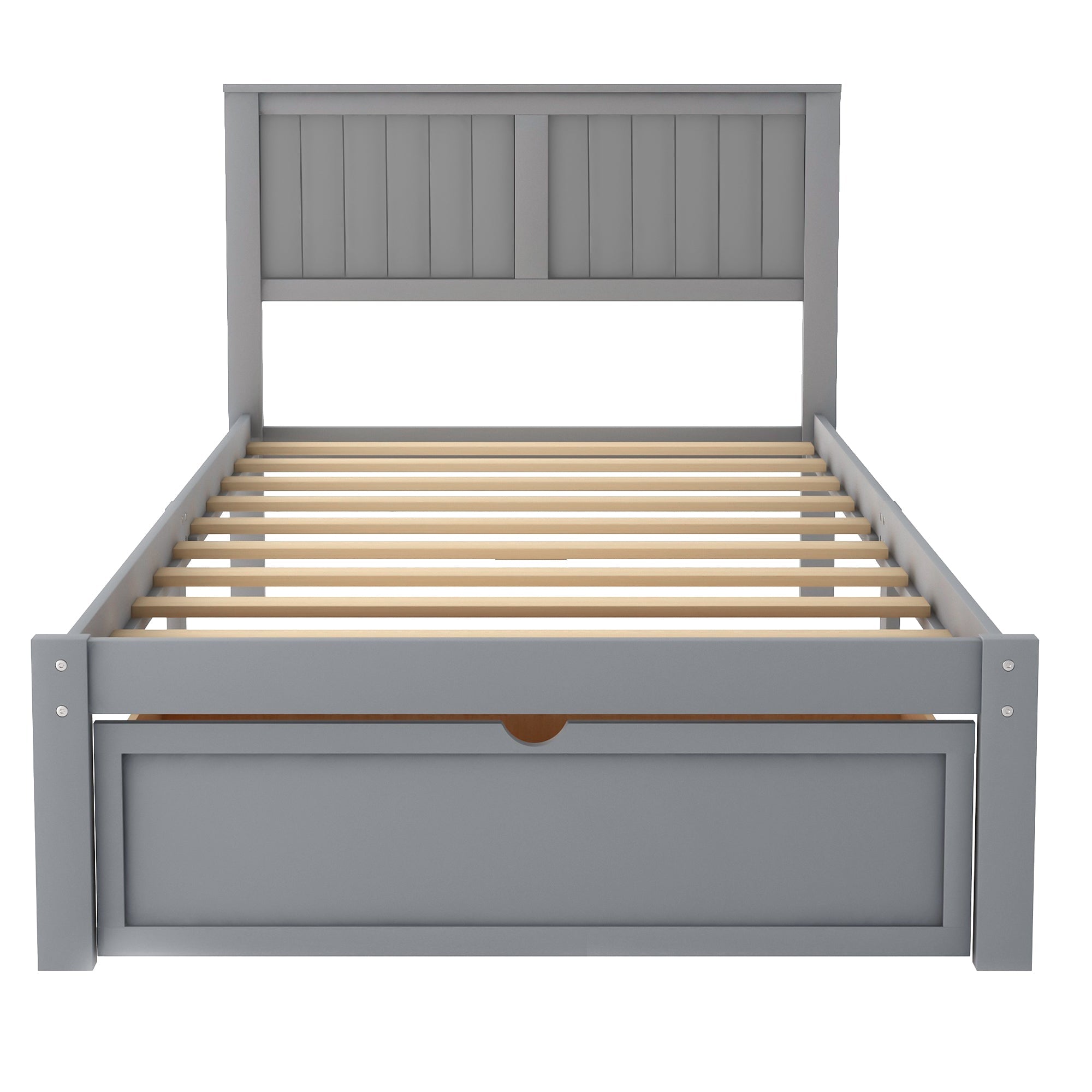 Twin Wood Platform Bed with Headboard & Big Storage Drawer for Kids, Gray