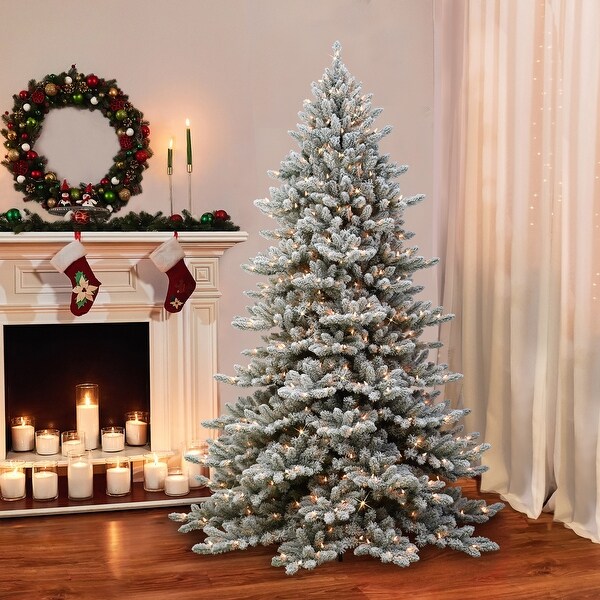 Puleo International 7.5 ft. Prelit Flocked Royal Majestic Fraser Fir Artificial Christmas Tree