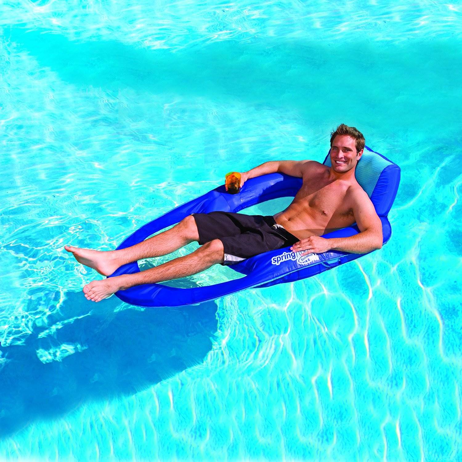 SwimWays Spring Float Swimming Pool XL Lounger Chaise Inflatable Floating Chair w/Cup Holder & Additional Leg Room, Dark & Light Blue