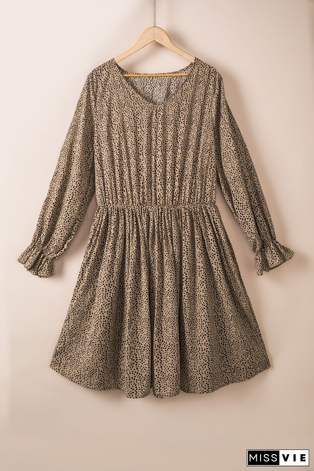 Khaki Plus Size Ruffled Long Sleeve Animal Spotted Print Dress