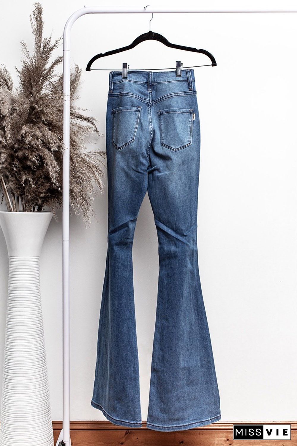 Blue High Waist Hollow-out Ripped Flare Jeans