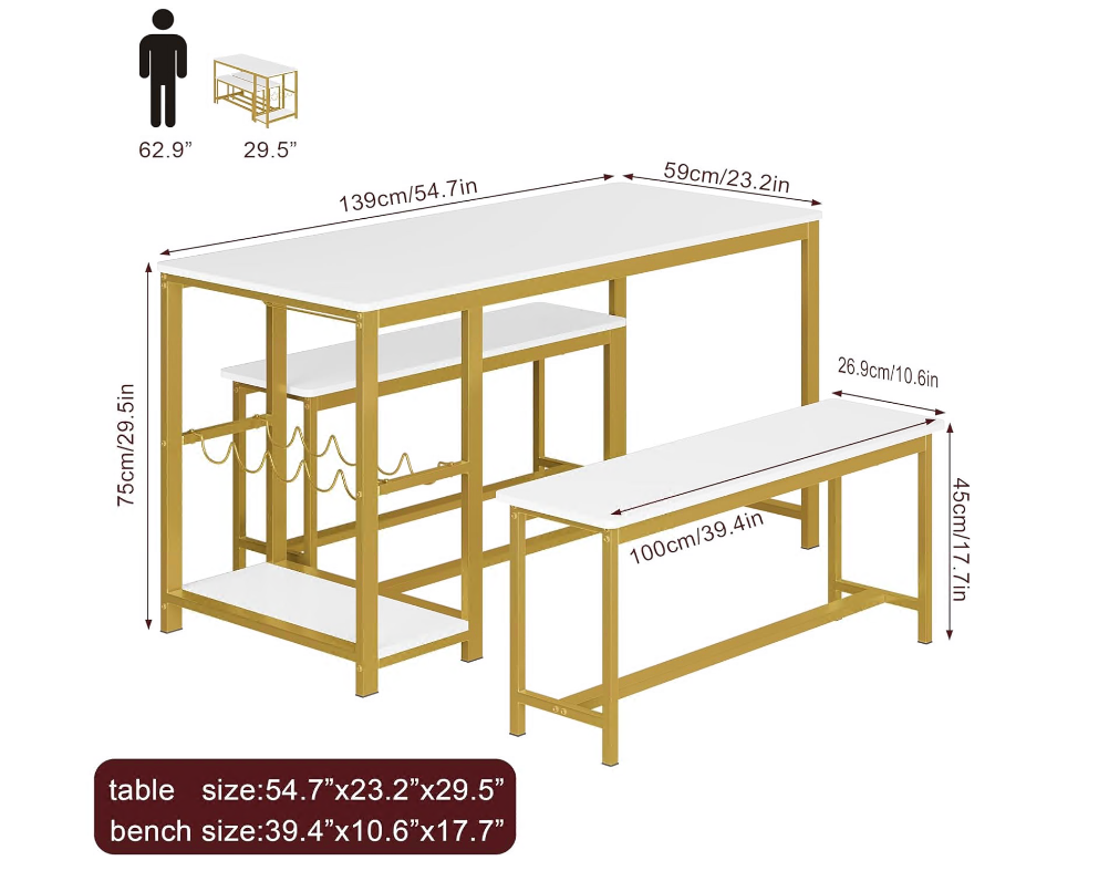 55 inch Kitchen Dining Table Set with 2 Benches, Storage Shelf, Wine Glass Rack