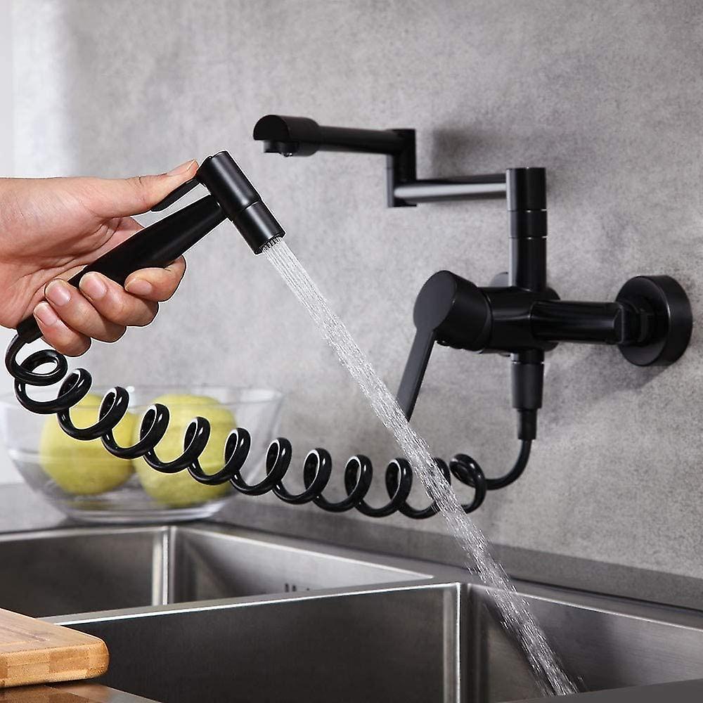 Basin Mixer Tap Black Kitchen Sink Faucet With Sprayer， Modern Single Handle Pull Down Wall Mounted Filler Faucet With Swivel Arm In Matte Black Solid