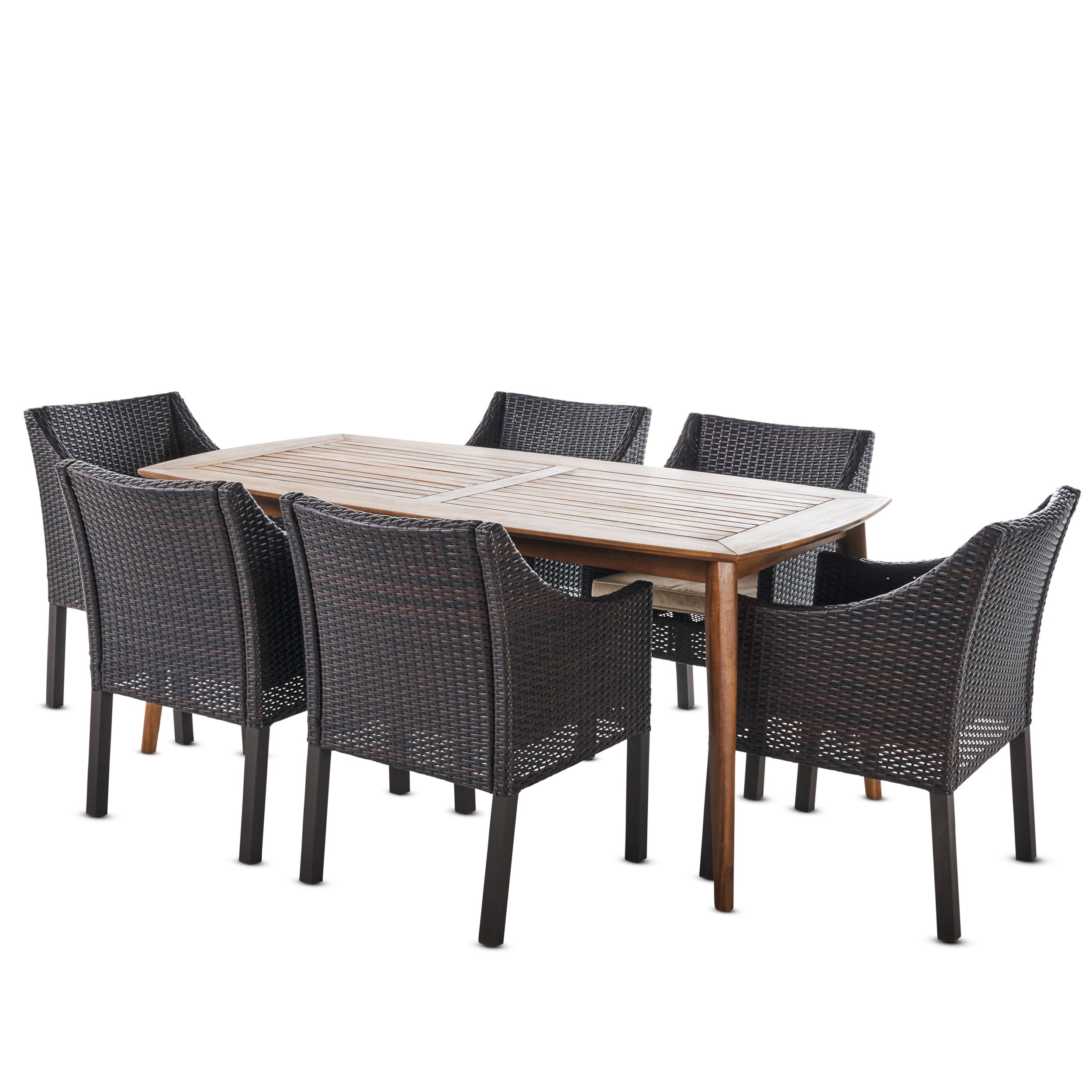 Kerk Outdoor 7 Piece Wicker Dining Set with Teak Finished Acacia Wood Table