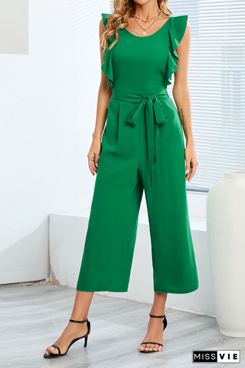 Plain Flutter Sleeveless Wide Leg Jumpsuit