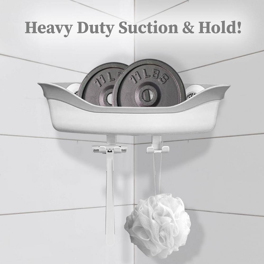 SlipX Solutions Suction Cup Corner Shower Basket Caddy with 2 Hooks White 14030-1