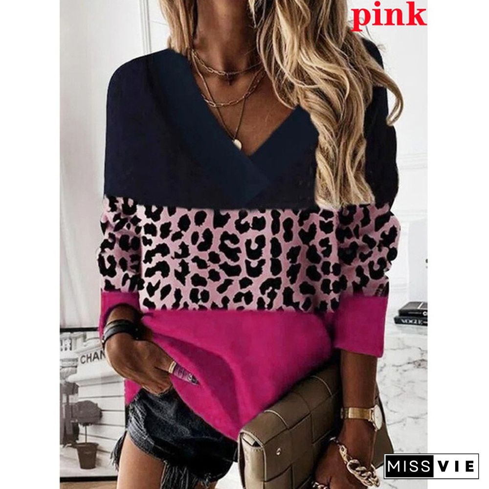 Women's Fashion Loose Casual Long Sleeve Leopard Print Floral Print V Neck Spring and Autumn Tops Blouses Pullover Plus Size