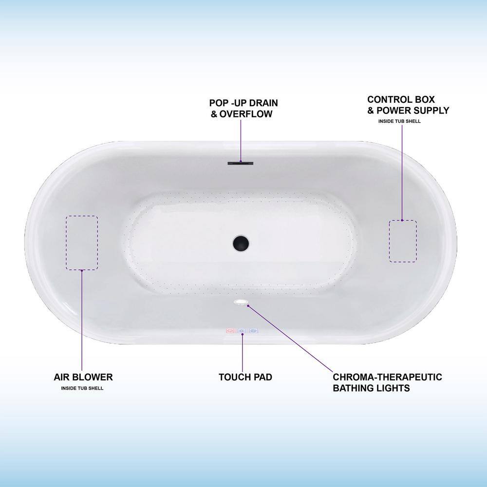 WOODBRIDGE 59 in. Acrylic Flatbottom Double Ended Air Bath Bathtub with Matte Black Overflow and Drain Included in White HBT6092