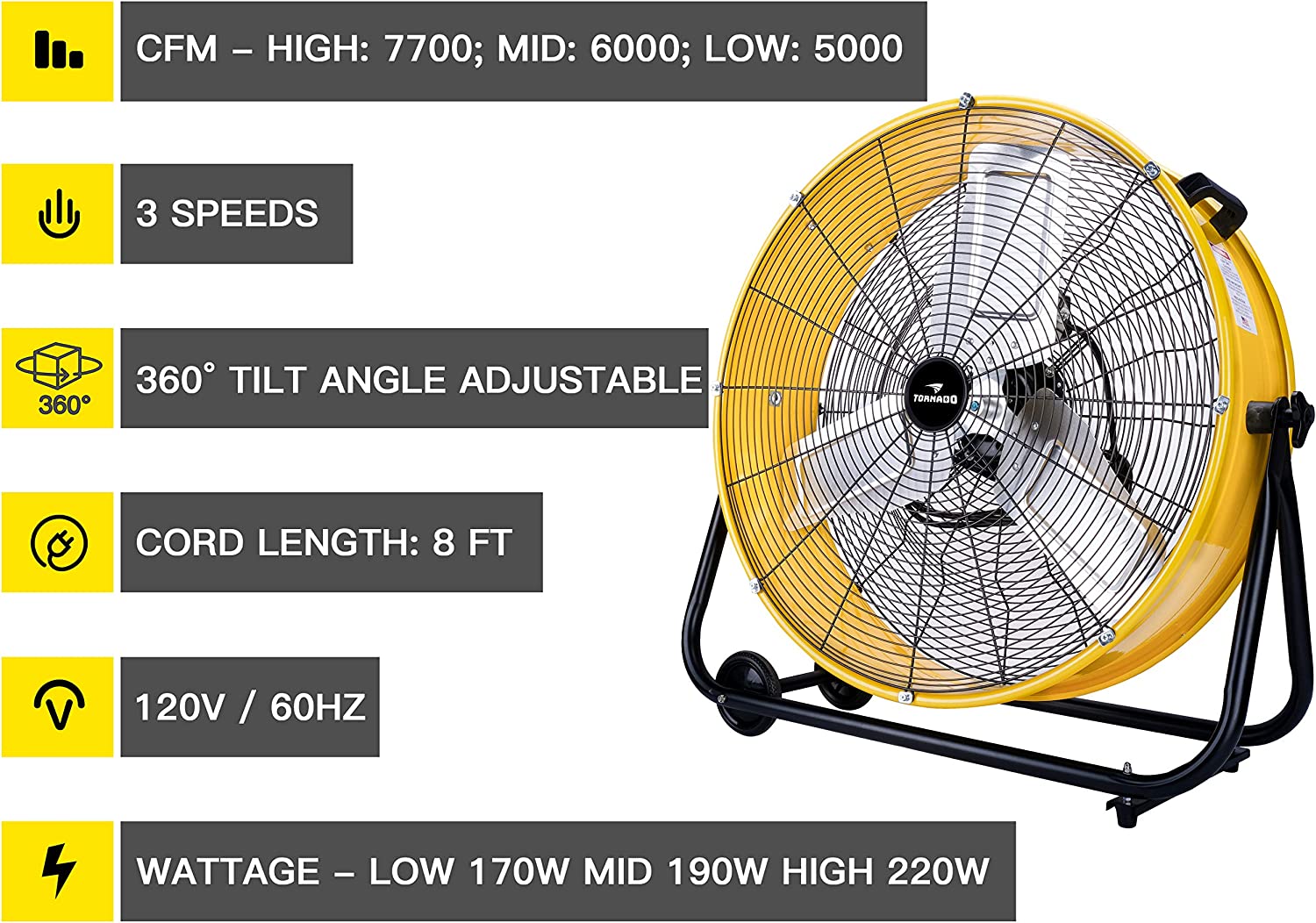 Tornado 24 Inch High Velocity Heavy Duty Tilt Metal Drum Fan Yellow Commercial， Industrial Use 3 Speed 8540 CFM 1/3 HP 8 FT Cord UL Safety Listed