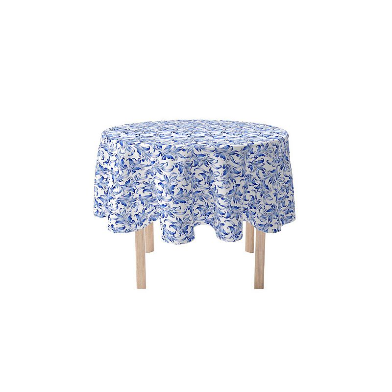 Round Tablecloth， 100% Polyester， 60 Round， Blue Traditional Leaves