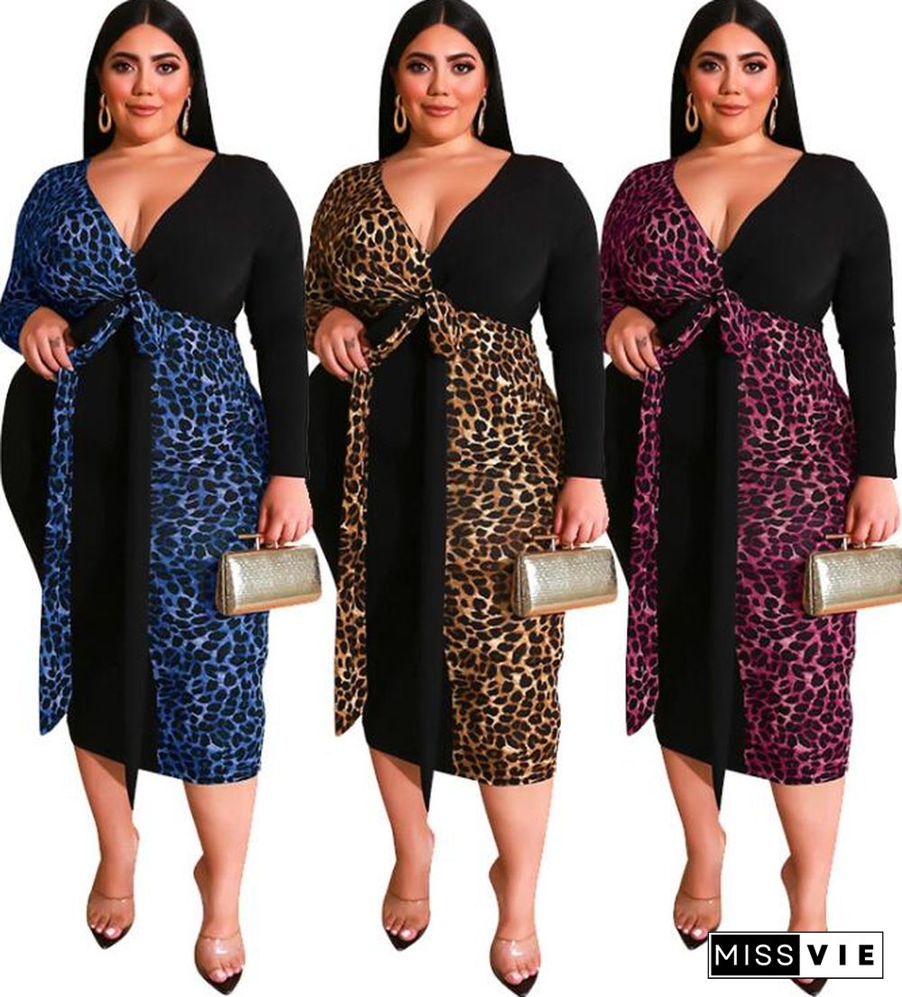 Sexy Deep V Leopard Print Patchwork Plus Size Maxi Dress