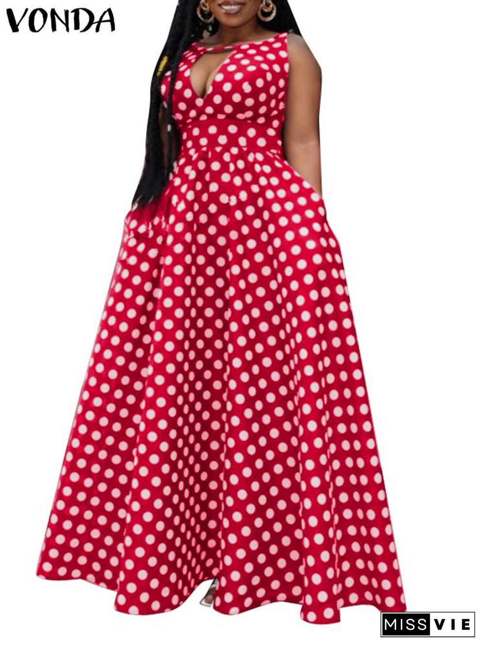 Women Summer Dress VONDA Holiday Deep V Neck A-line Big Swing Party Dress Sexy Polka Dot Vestidos Sleeveless Robe Femininas