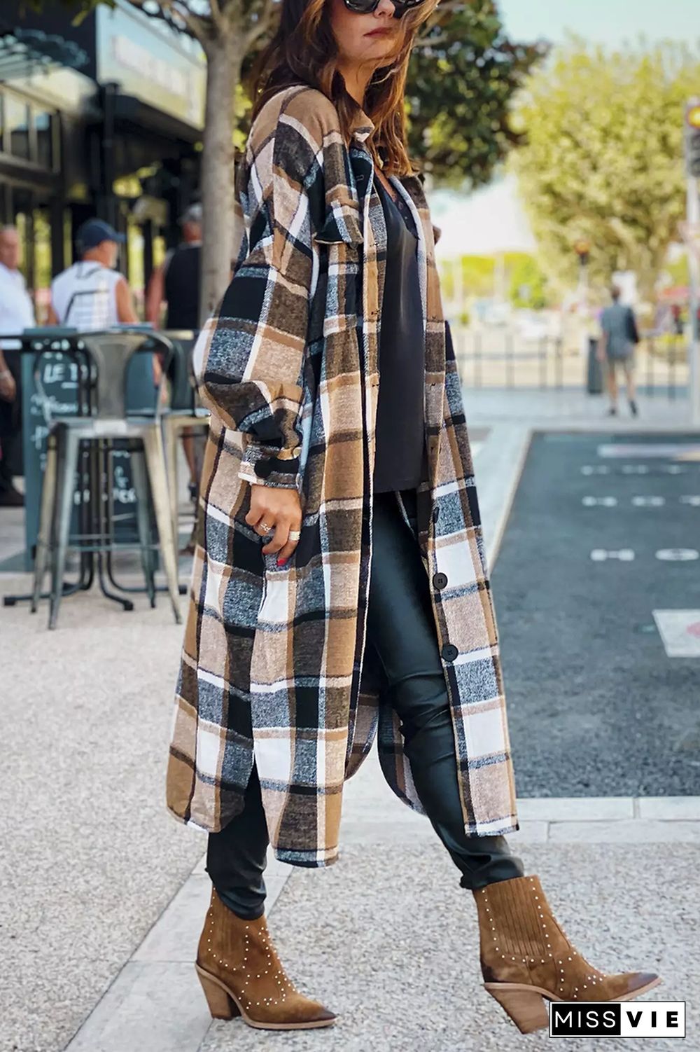 KarliDress Lapel Plaid Print Woolen Long Coat P12611