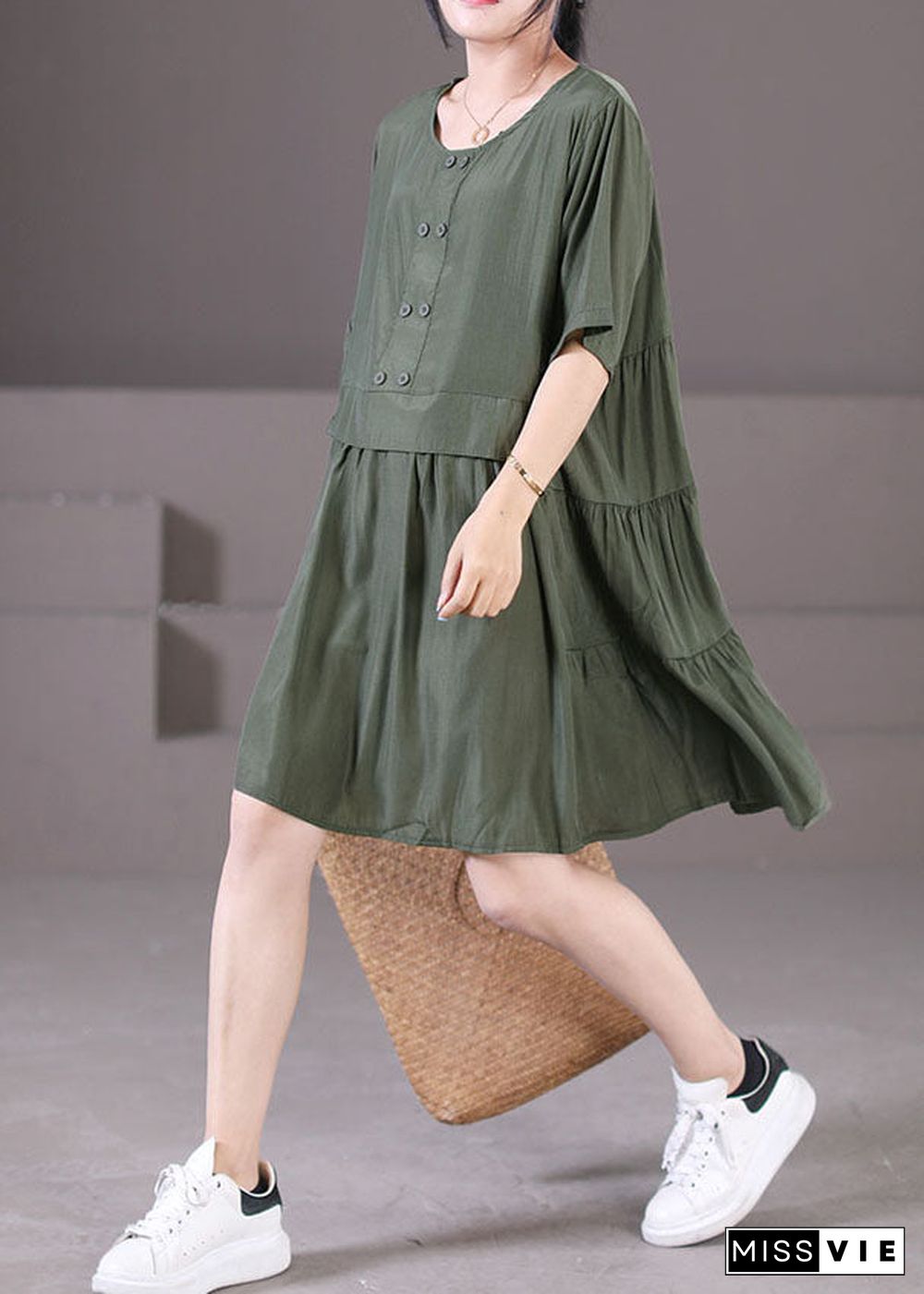 Boutique Army Green O-Neck Wrinkled Patchwork Cotton Mid Dresses Short Sleeve