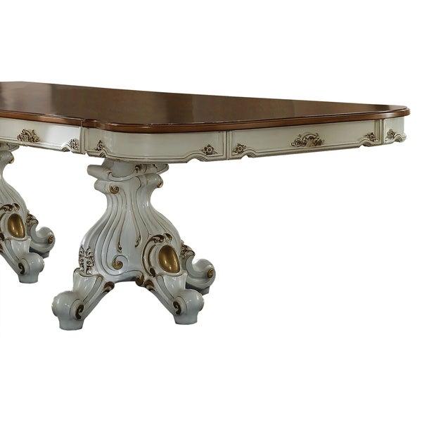 Wooden Top Dining Table with Double Pedestal Feet， Antique Pearl and Cherry Oak