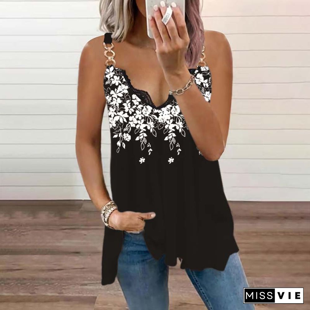 Summer Sexy Lace V Neck Floral Print Camisole T-Shirt New Chic Metal Strap Tank Top Women Loose Casual Fashion Harajuku Vest