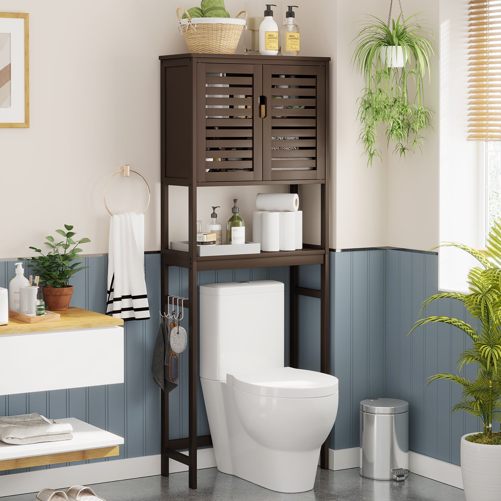 Over The Toilet Storage Cabinet, Freestanding Toilet Shelf with Cupboard and Adjustable Shelve, Brown