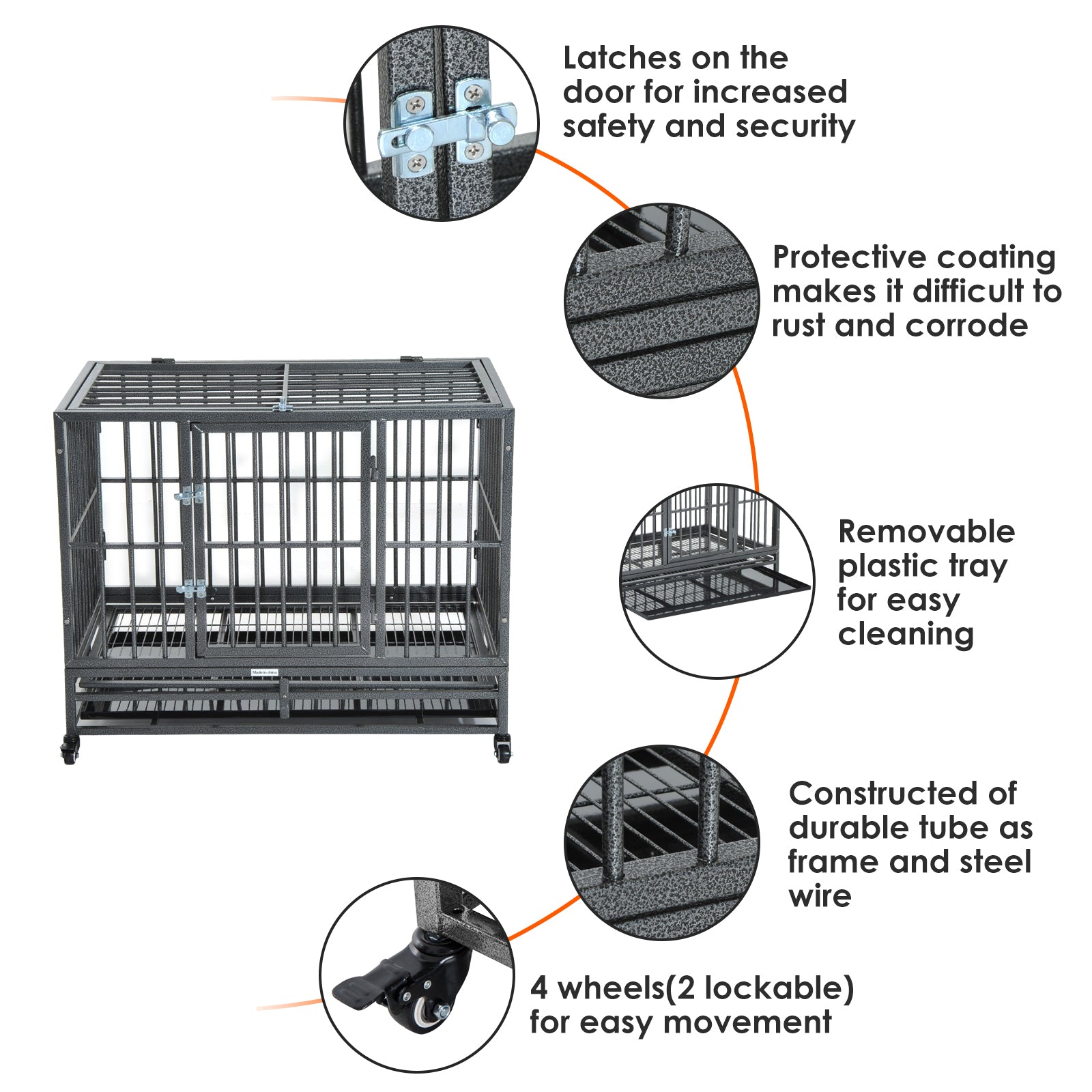 ametoys 42 Stainless Steel Elevated Large Rolling Pet Crate With Dual Pans and Wheels