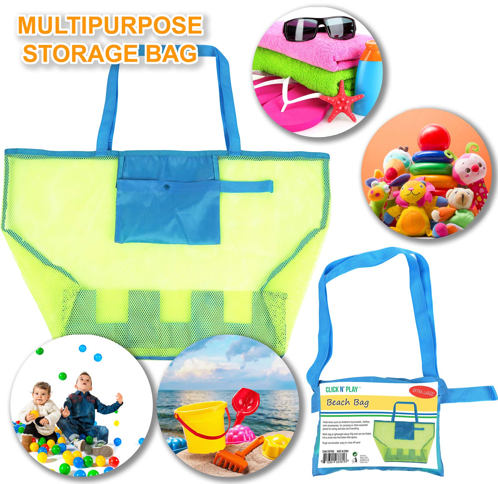 Click N’ Play Colorful Lightweight Mesh Beach Bag with High Capacity for Multipurpose Storage of Toys Food and Towel