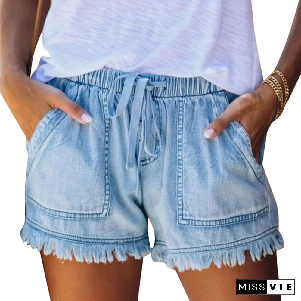 Ladies Elastic Waist Casual High Waist Slim Thin Denim Shorts Hot Pants