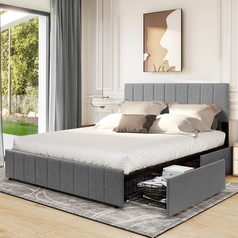 Modern Queen/King Grey Upholstered Bed Frame with Storage Drawers