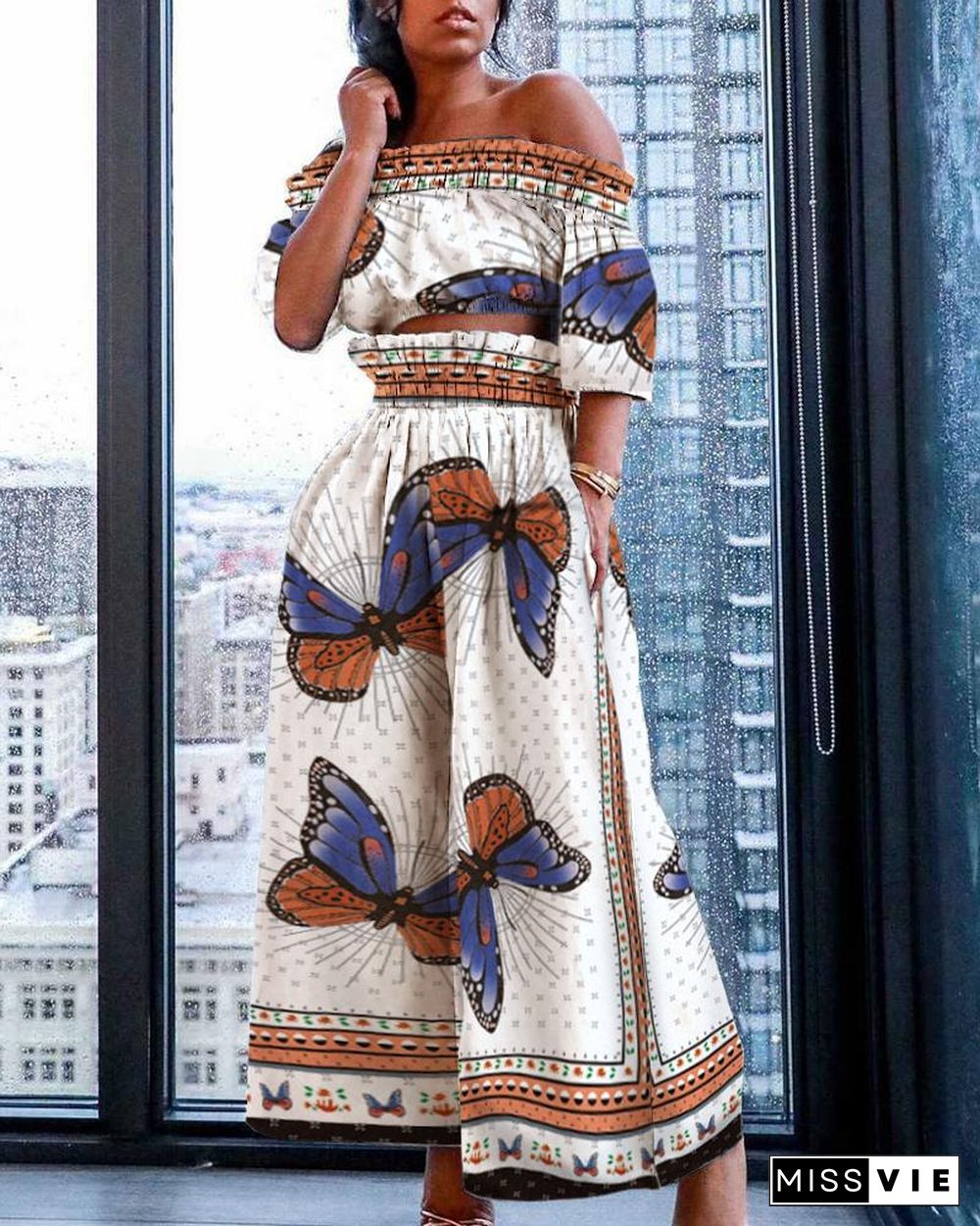 Butterfly Print Off Shoulder Crop & Wide Leg Pants Sets