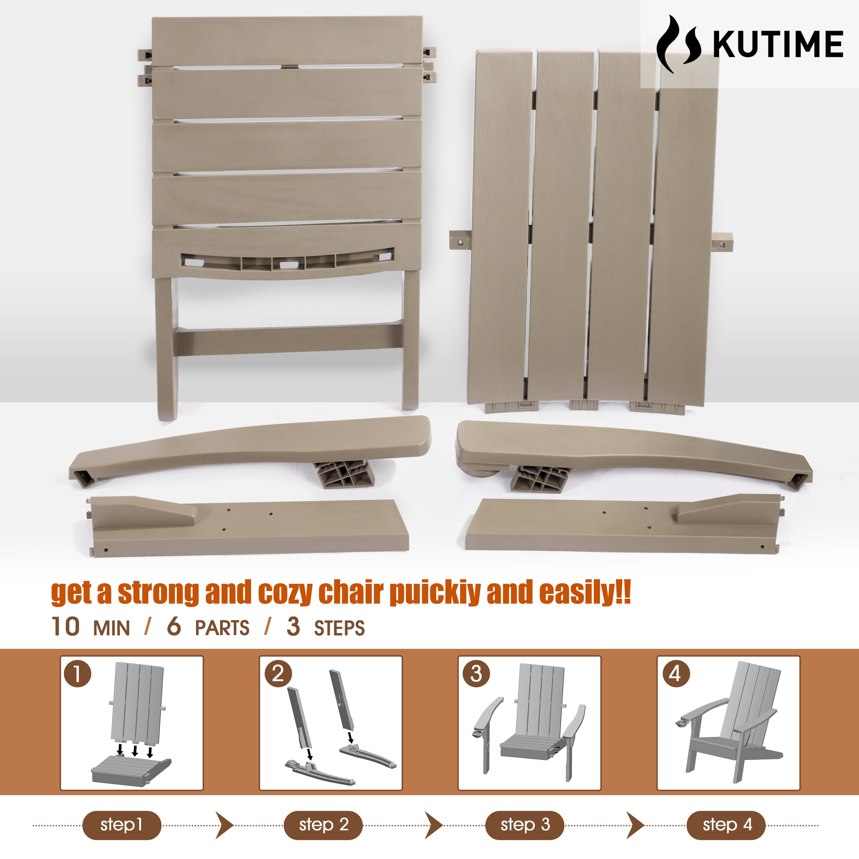 KUTIME | Resin Plastic Adirondack Chair Outdoor Patio Plastic Resin Chair With Cup Holder - Light Brown