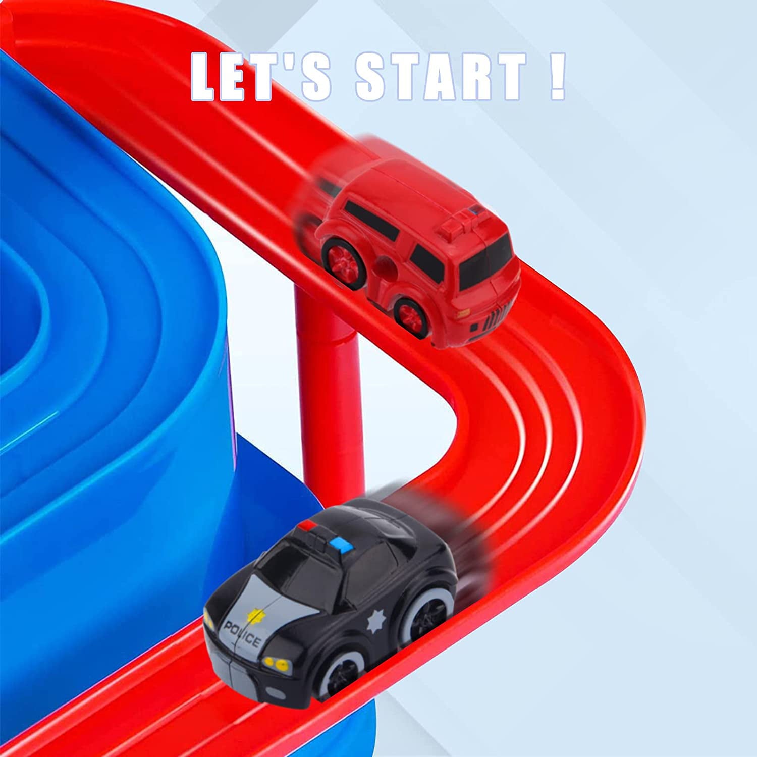 Adventure Race Car Tracks Toys for 3 4 5 6 Year Old Boys Parent-Child Interactive Racing Kids Game Set with Police car， Ambulance， School Bus， Taxi