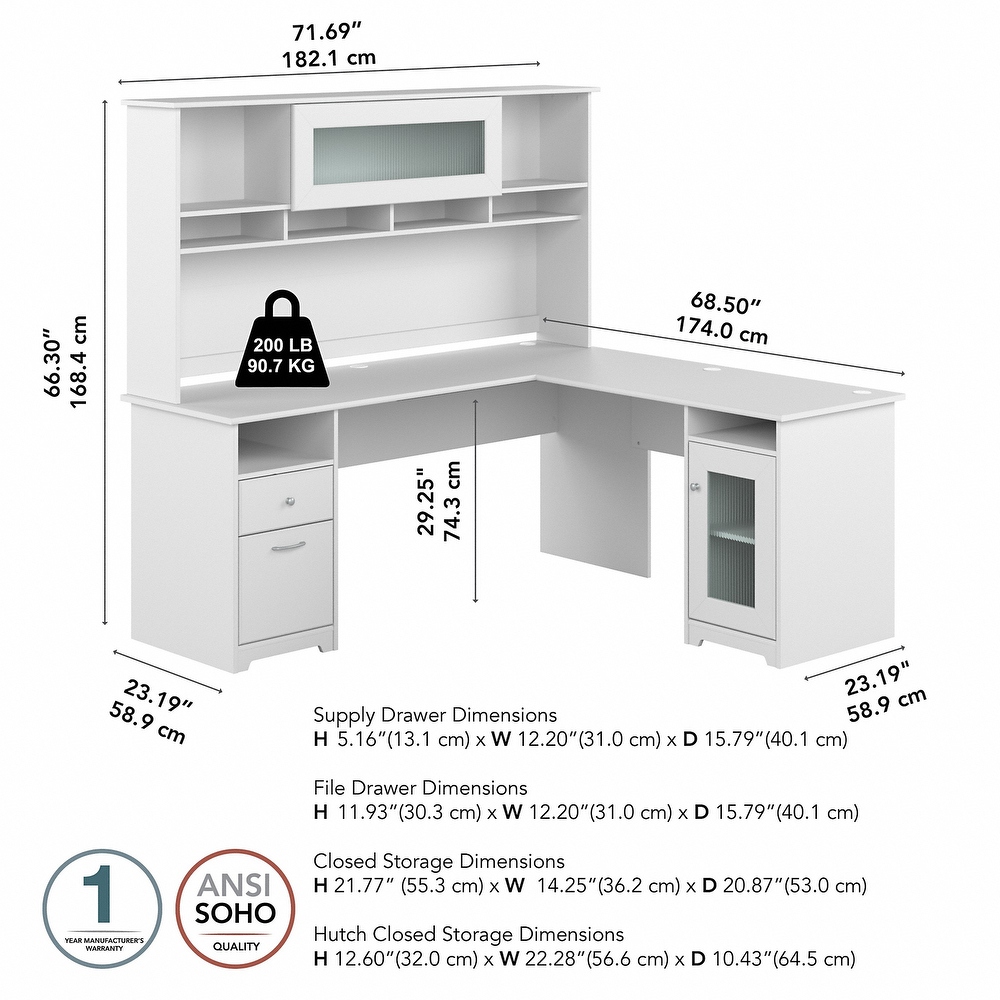 Cabot 72W L Shaped Desk with Hutch and Storage by Bush Furniture