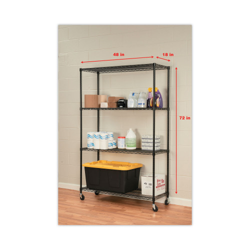 Alera NSF Certified 4-Shelf Wire Shelving Kit with Casters， 48w x 18d x 72h， Black (SW604818BL)