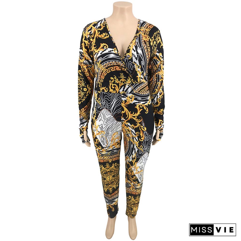 Stylish Printed Deep V Skinny Plus Size Jumpsuit