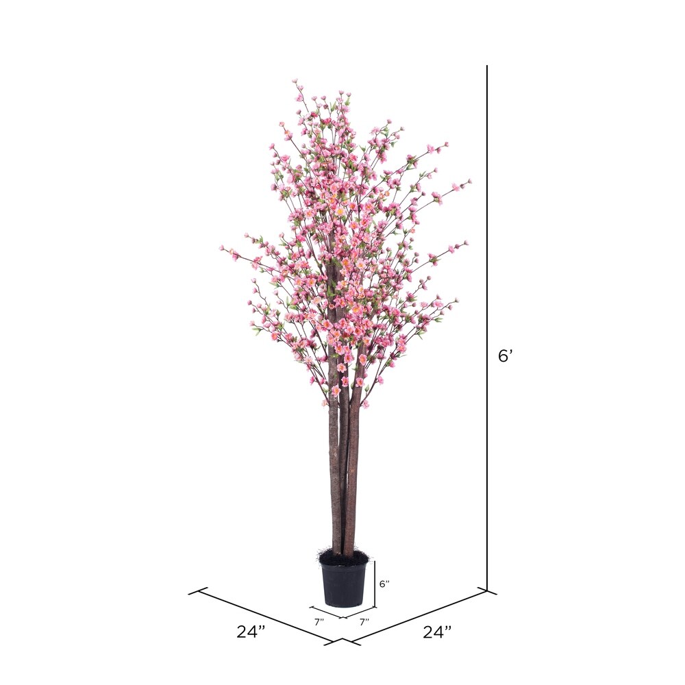 Vickerman 6' Artificial Hot Pink Blossom Tree in Black Planters Pot.