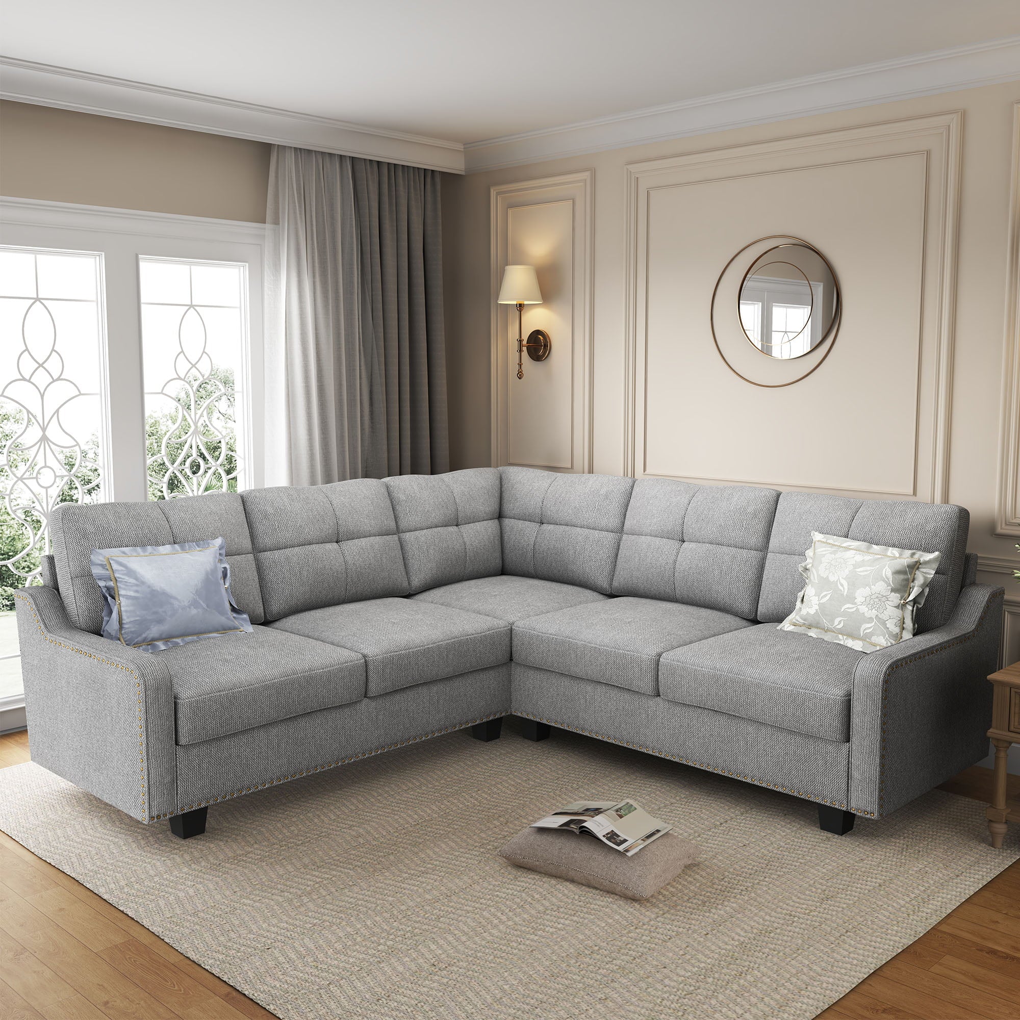 HONBAY Microfiber Sectional Corner Sofa Couch with Nailhead Trim for Home and Office, Light Gray