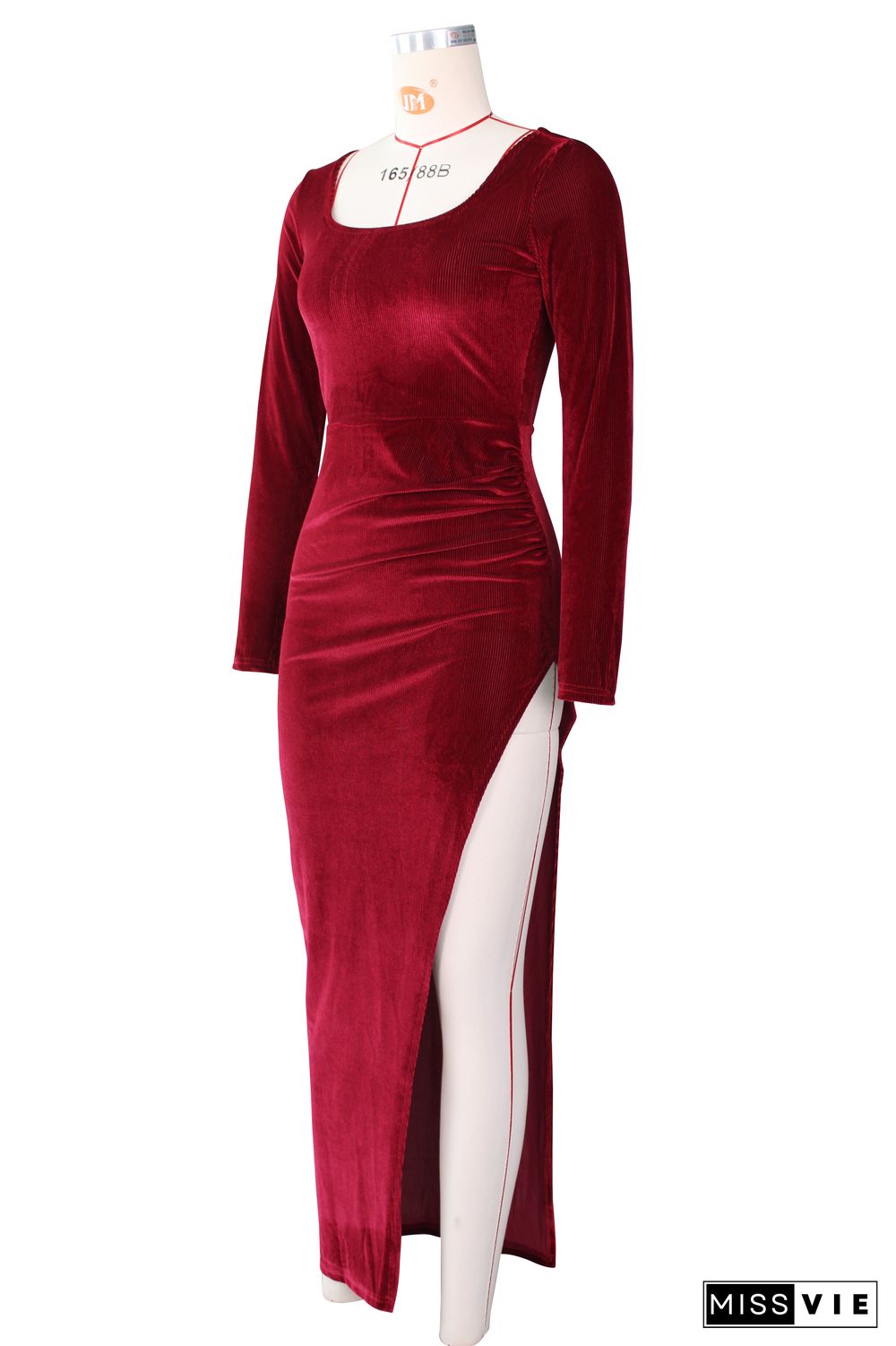 Velvet Long Sleeve High Slit Evening Dress