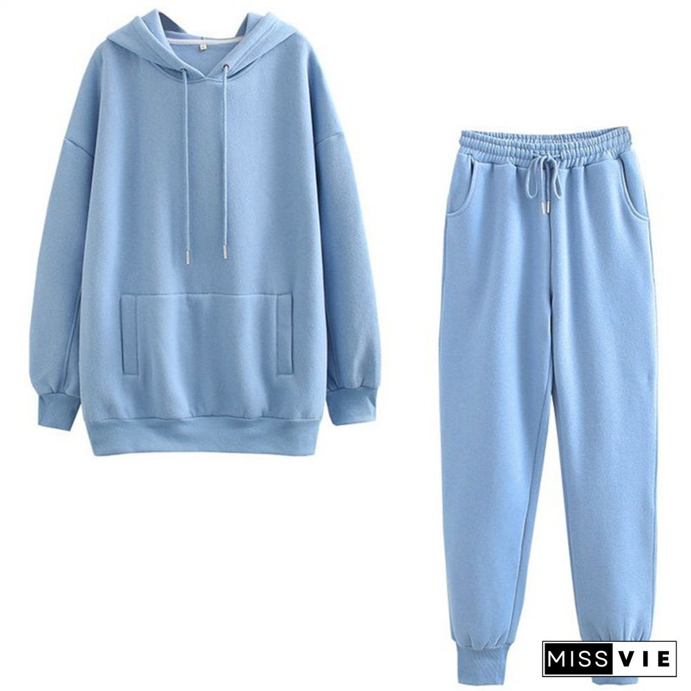 Casual Pure Color Draw String Hoodie Pants Set