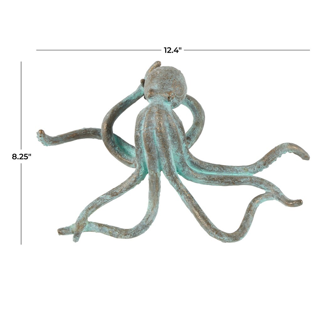 Blue Polystone Distressed Patina Octopus Sculpture with Gold Foil Accents