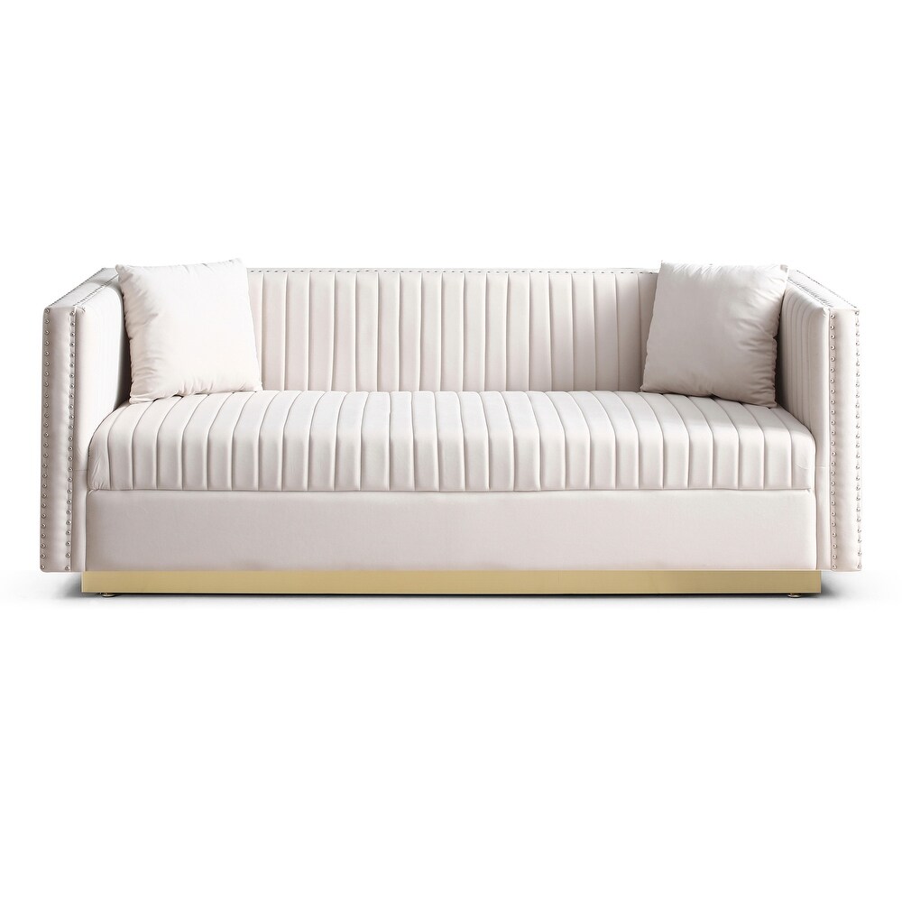 Vertical Tufted Sofa Set Velvet Sectionals Sleeper Loveseat 2pcs Recliner Couch w/ 4 Pillows for Living Room  Beige