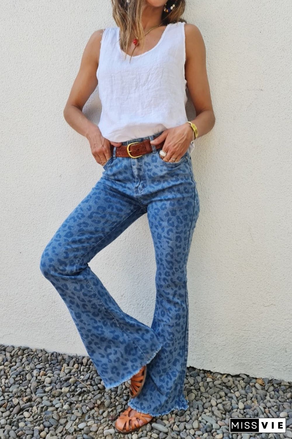 Sky Blue Leopard Print Raw Hem High Waist Flare Jeans