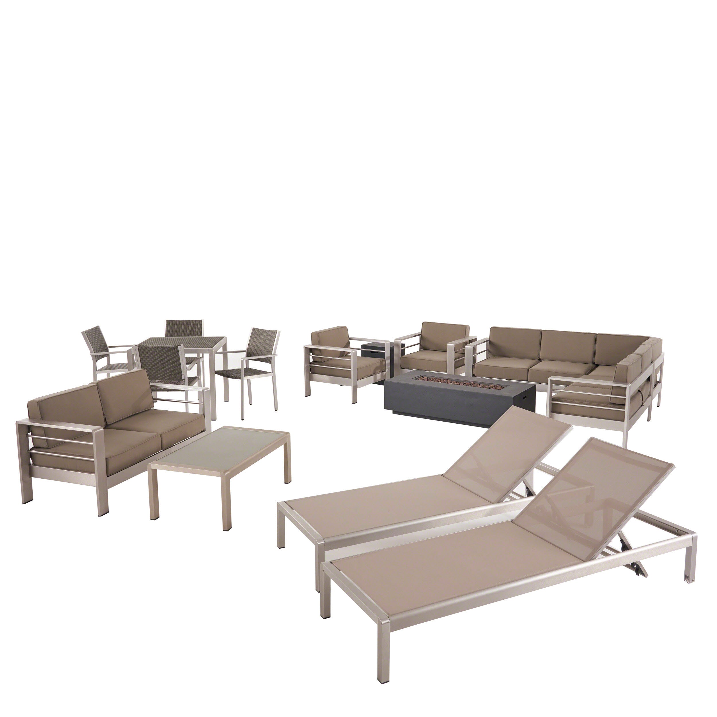 Cherie Outdoor 16 Piece Aluminum Estate Collection with Cushions and Fire Pit