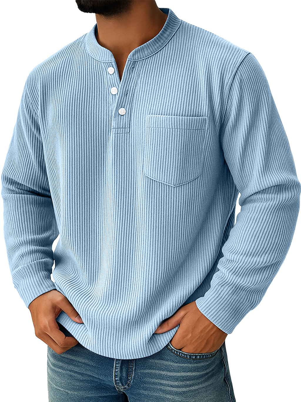 Men's Simple Everyday Ribbed Stand Collar Pocket Casual Long Sleeve Henley Shirt