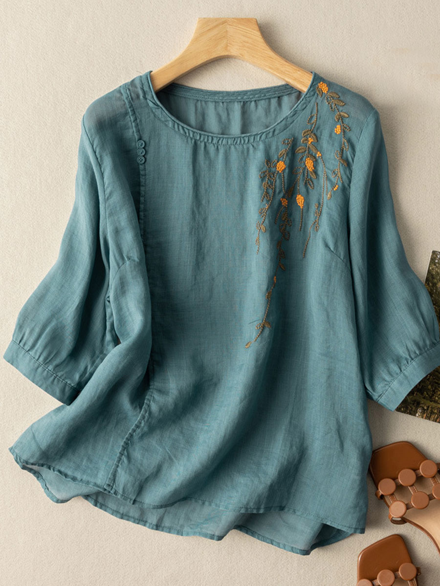 Round Neck Casual Loose Embroidered Mid Sleeve Blouse