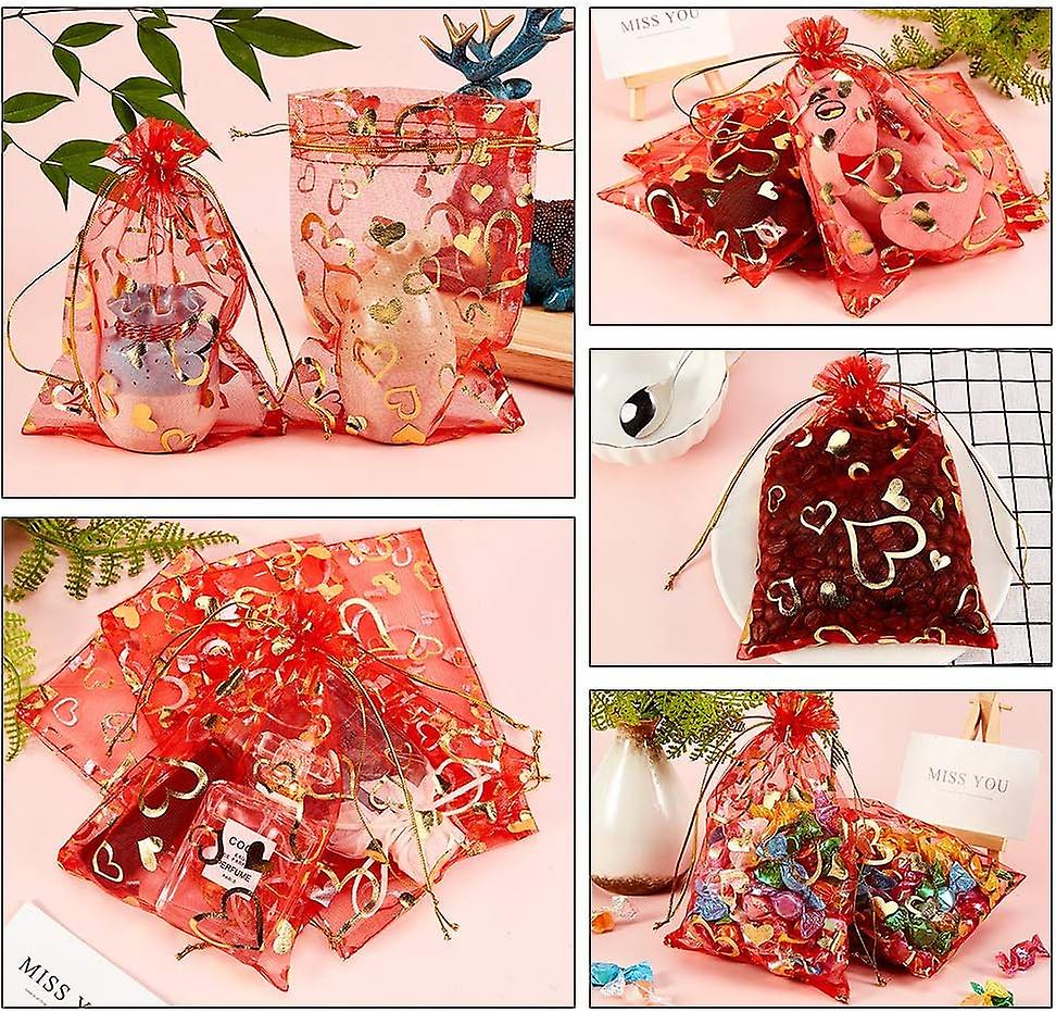 100 Pcs 5x7 Inches Heart Printed Red Organza Bags Jewelry Pouch Bags Organza Drawstring Pouches Wedding Favors Bag Candy Gift Bags Valentine's Day