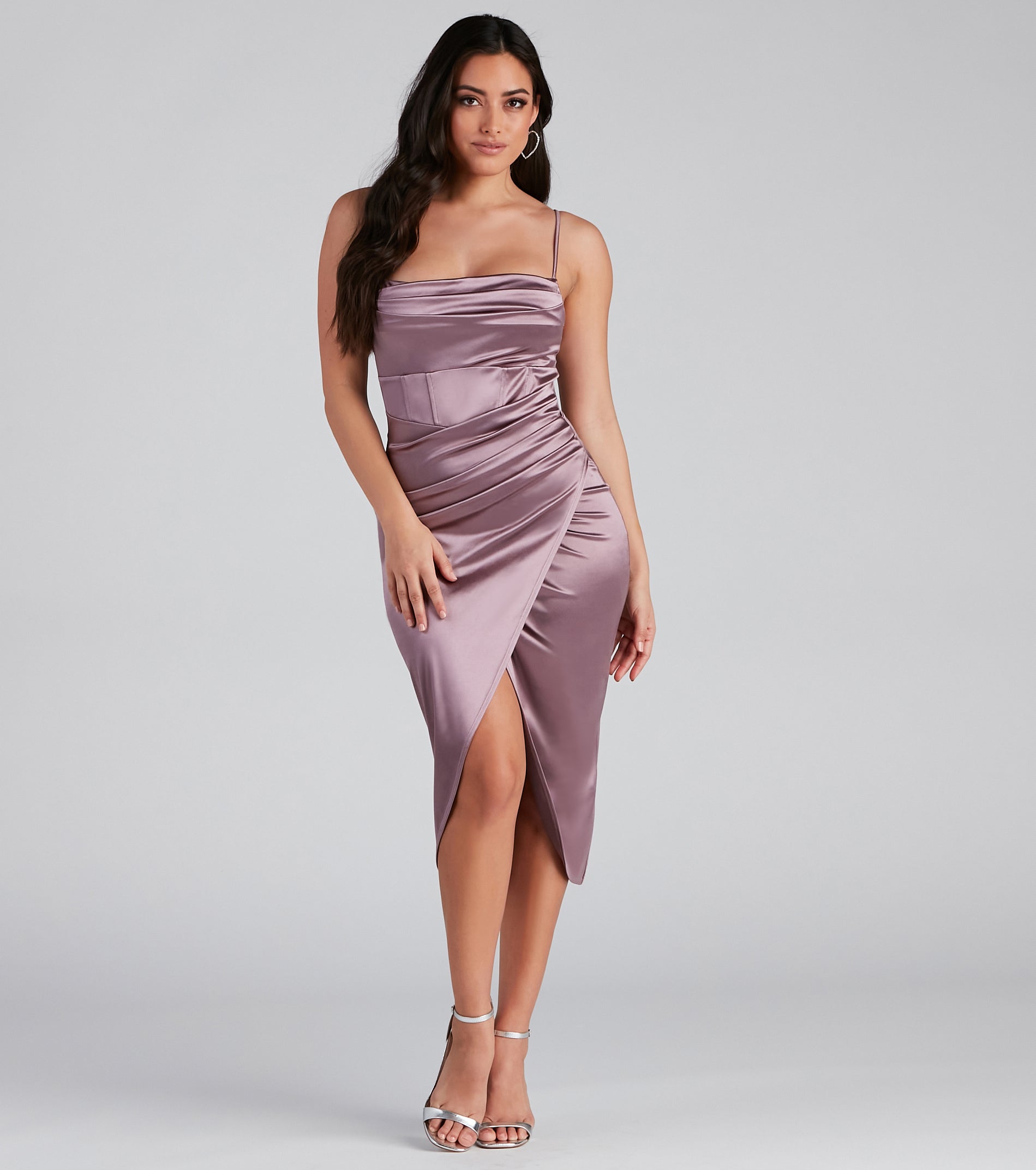 Margaret Formal Satin Wrap Midi Dress