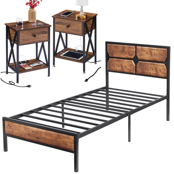 Industrial 3-Piece Platform Bed Frame and Charging Station USB Port Nightstands Set of 2 Rustic Brown - - 36714347