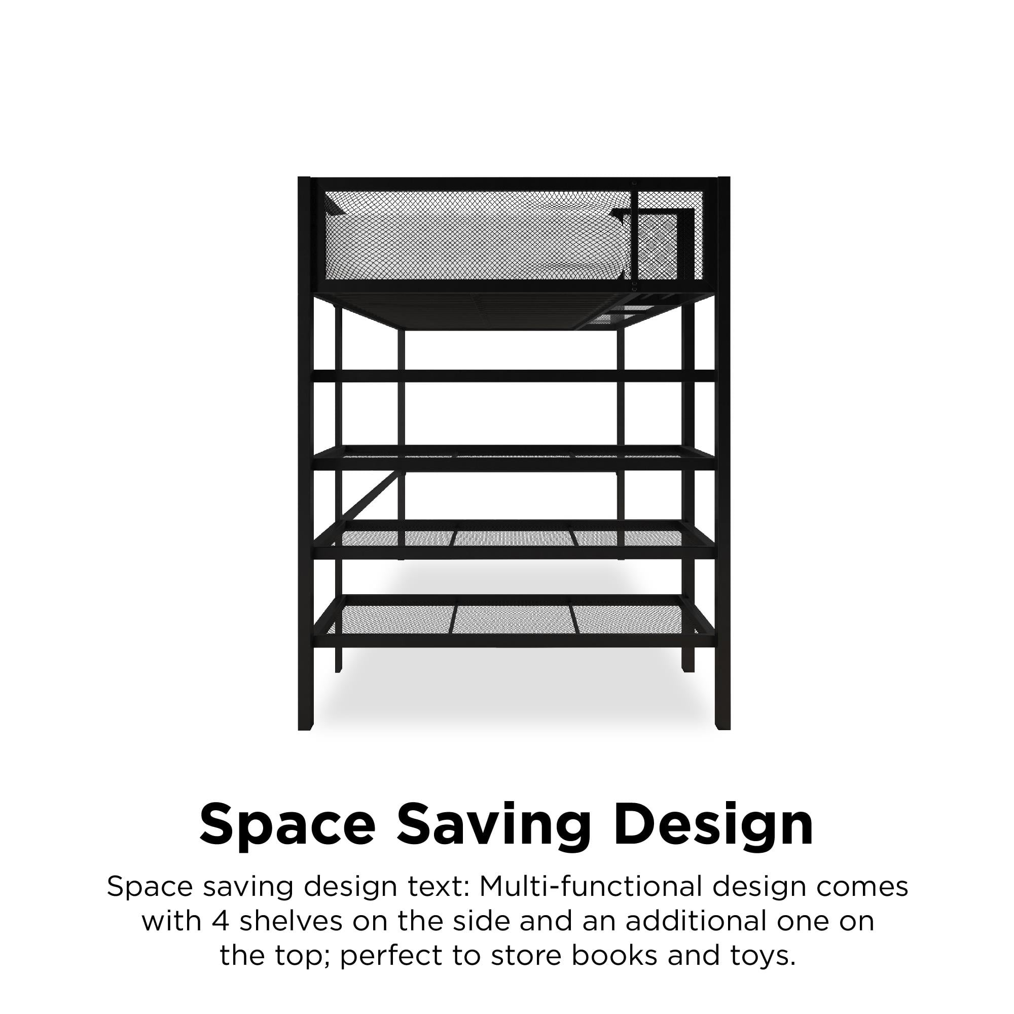 Mainstays Metal Storage Loft Bed with Book Case, Black, Twin