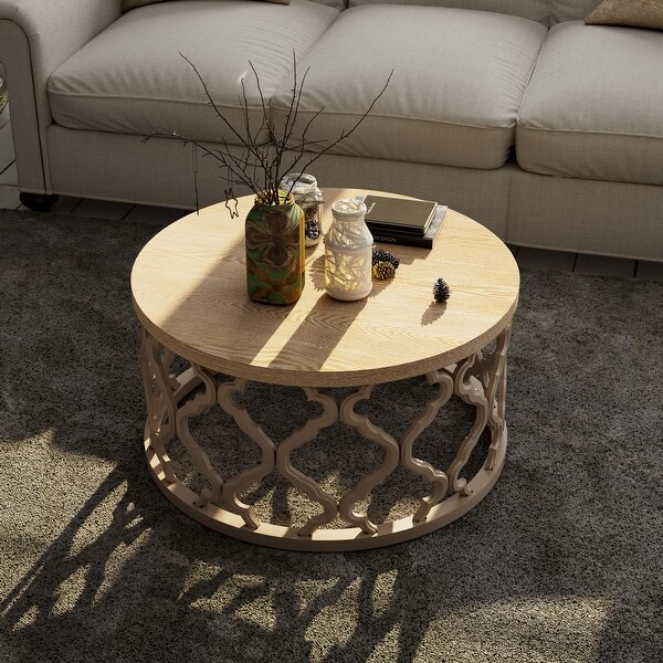 Farmhouse Coffee Table， Distressed Wood Top Table with Curved Motif Frame Base for Boho， Rustic， French Country - as picture