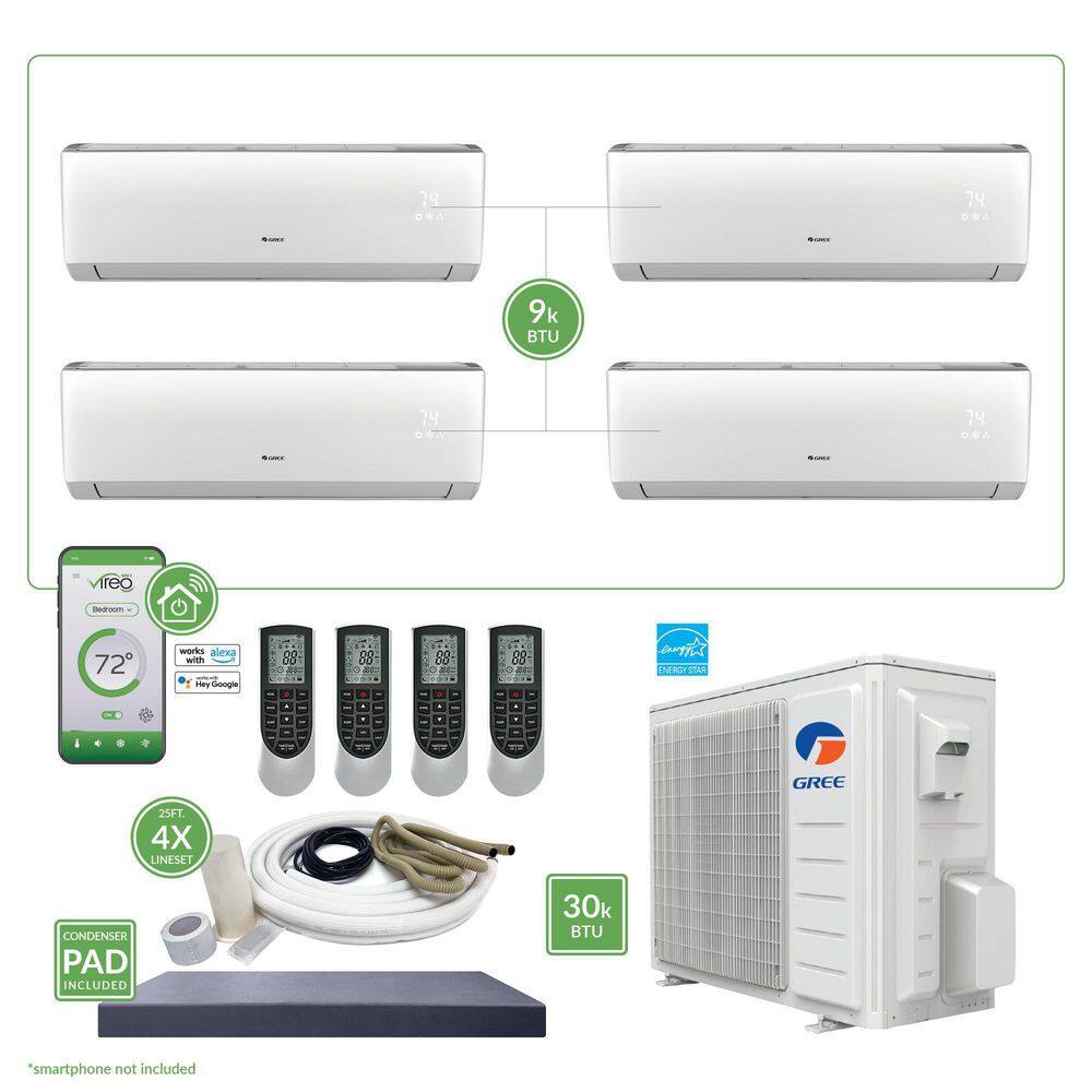 GREE Gen3 Smart Home Quad-Zone 28400 BTU 2.5 Ton Ductless Mini Split Air Conditioner  Heat Pump 25 ft. Install Kit 230-Volt MULTI30VIR410HP