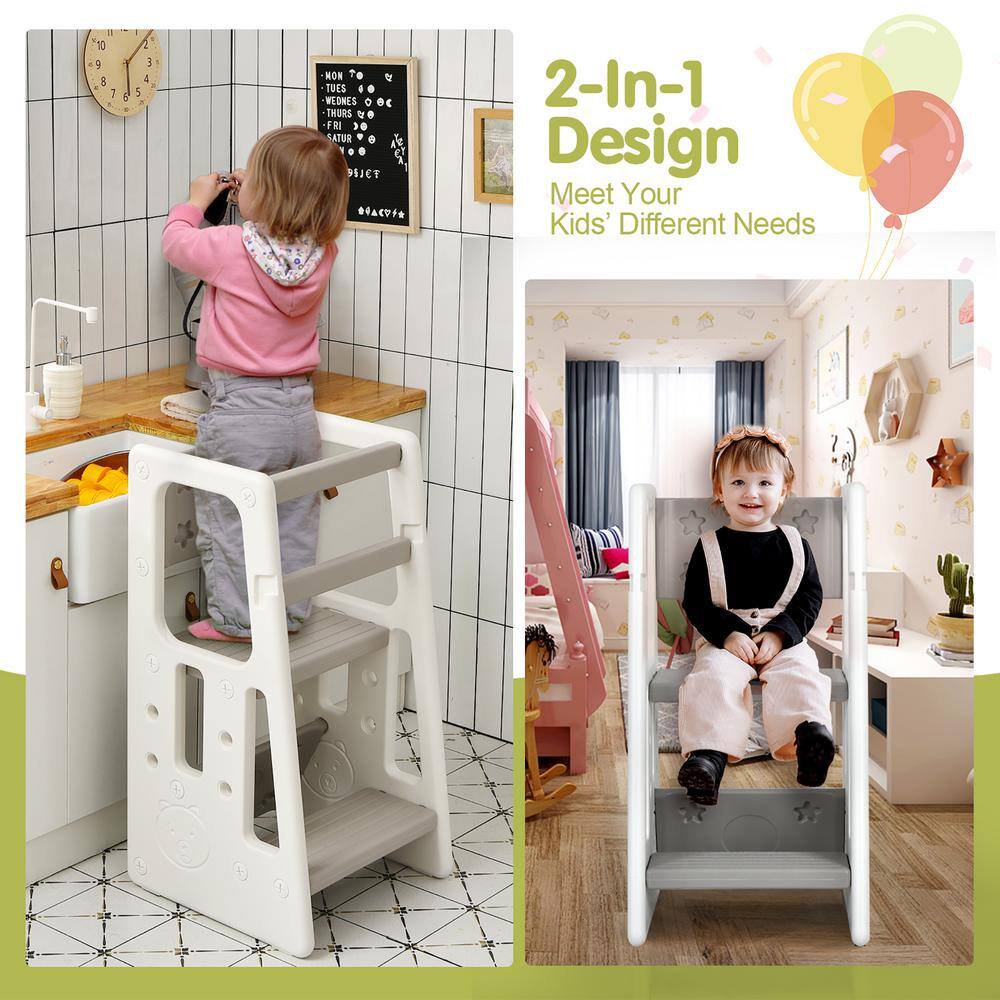 Costway Kids Kitchen Step Stool with Double Safety Rails Toddler Learning Stool Gray HY10011HS